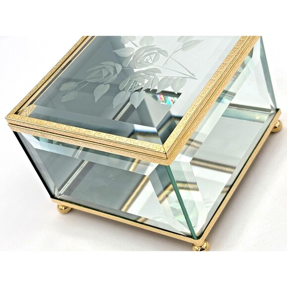 Crystal Glass Mirrored Jewelry Trinket Box Beveled Footed Etched Flower Embossed - Picture 7 of 16